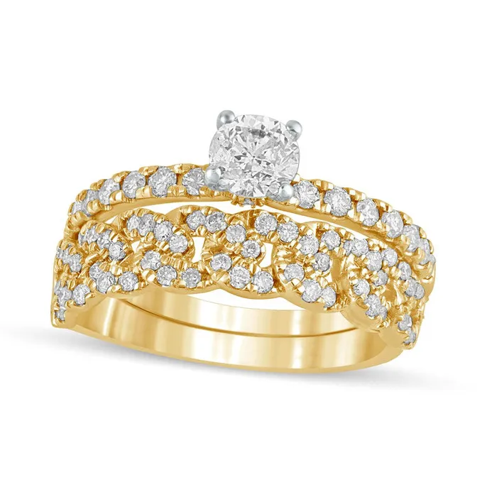10 CT TW Natural Diamond Cuban Curb Chain Link Bridal Engagement Ring Set in Solid 10K Yellow Gold Goldia Rings