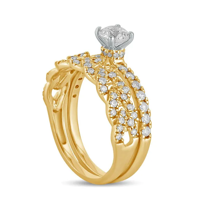 10 CT TW Natural Diamond Cuban Curb Chain Link Bridal Engagement Ring Set in Solid 10K Yellow Gold Goldia Rings