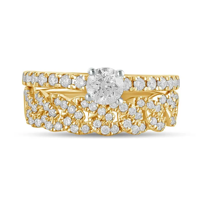 10 CT TW Natural Diamond Cuban Curb Chain Link Bridal Engagement Ring Set in Solid 10K Yellow Gold Goldia Rings