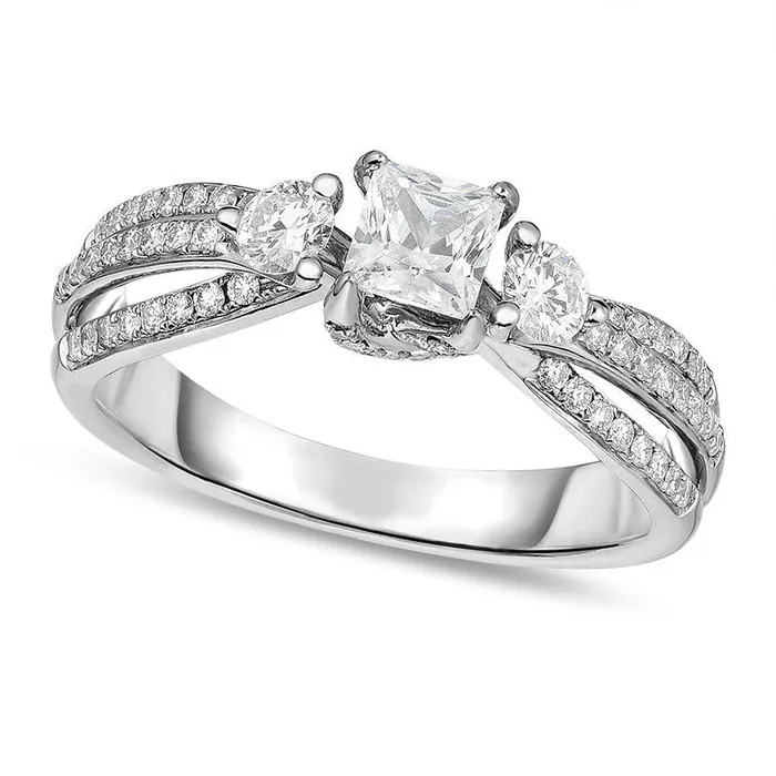 10 CT TW PrincessCut Natural Diamond Three Stone Split Shank Engagement Ring in Solid 14K White Gold Goldia Rings