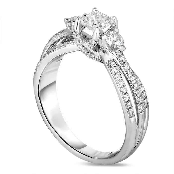 10 CT TW PrincessCut Natural Diamond Three Stone Split Shank Engagement Ring in Solid 14K White Gold Goldia Rings