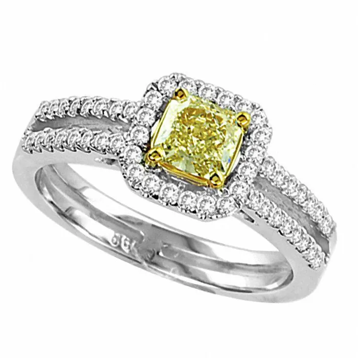 10 CT TW RadiantCut Natural Fancy Yellow and White Natural Diamond Split Shank Ring in Solid 18K White Gold SI2 Goldia Rings