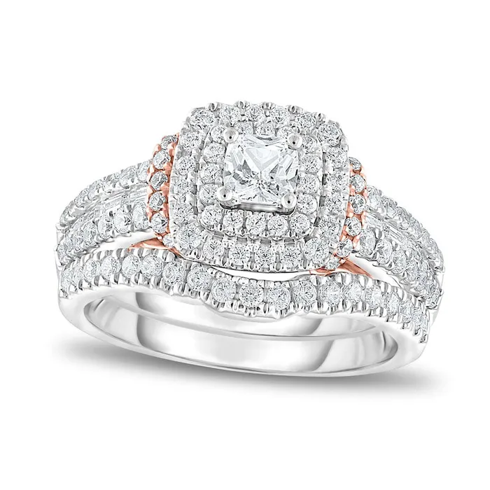 125 CT TW CushionCut Natural Diamond Double Frame Collar MultiRow Bridal Engagement Ring Set in Solid 14K TwoTone Gold Goldia Rings