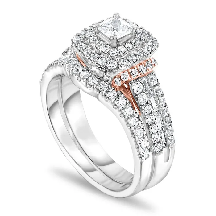 125 CT TW CushionCut Natural Diamond Double Frame Collar MultiRow Bridal Engagement Ring Set in Solid 14K TwoTone Gold Goldia Rings