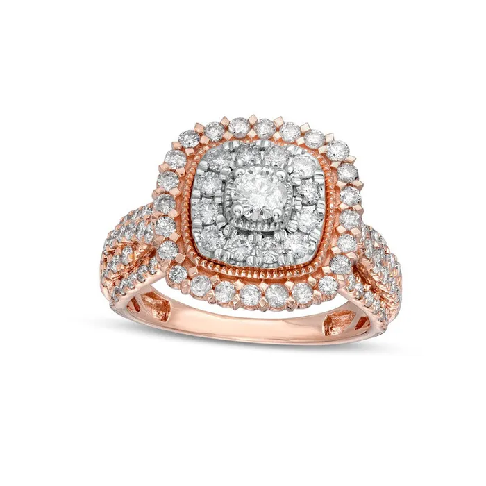 15 CT TW Natural Diamond Double CushionShaped Frame Twist Shank Engagement Ring in Solid 10K Rose Gold Goldia Rings