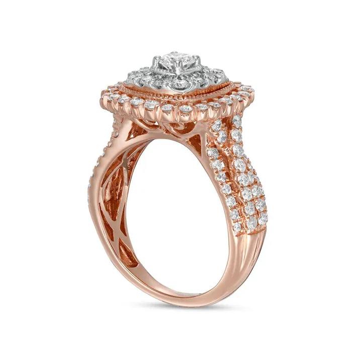 15 CT TW Natural Diamond Double CushionShaped Frame Twist Shank Engagement Ring in Solid 10K Rose Gold Goldia Rings