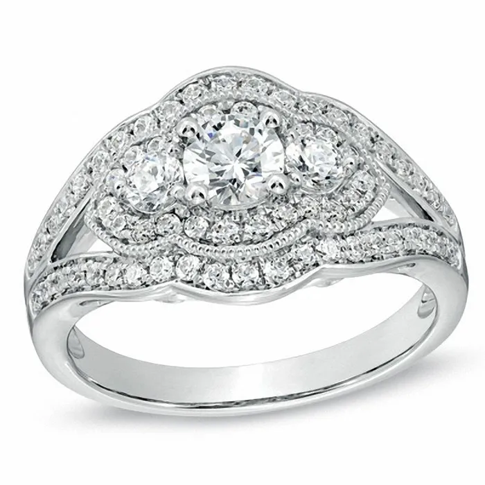 1 CT TW Diamond VintageStyle Three Stone Engagement Ring in 14K White Gold Goldiacom Rings