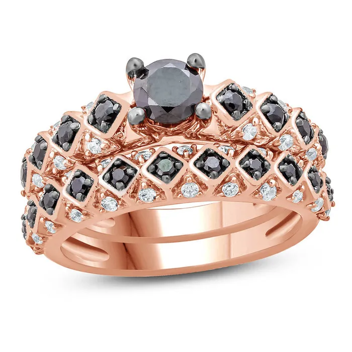 1 CT TW Enhanced Black and White Diamond Tilted Square Shank Bridal Engagement Ring Set in 14K Rose Gold Goldiacom Rings