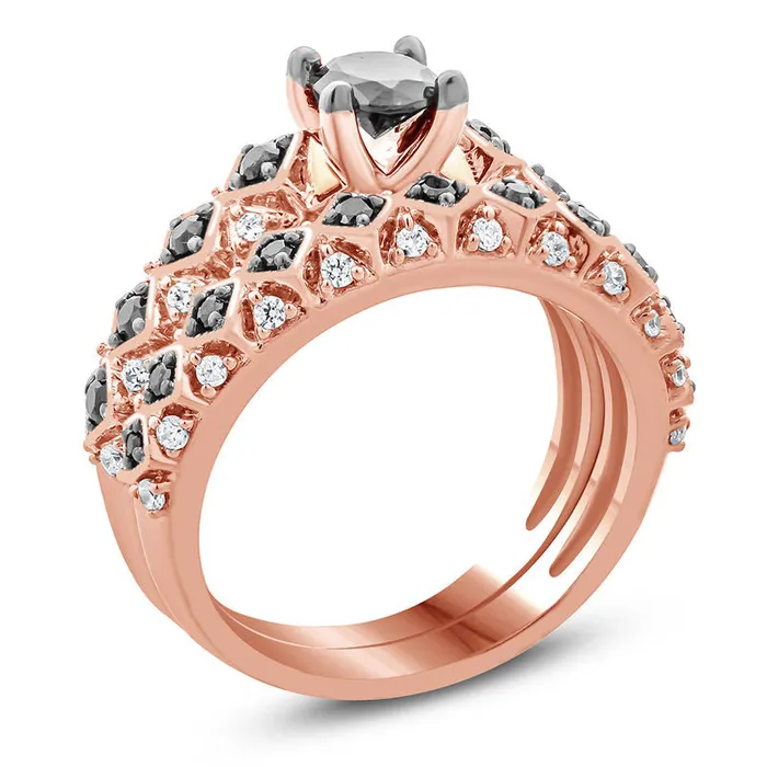 1 CT TW Enhanced Black and White Diamond Tilted Square Shank Bridal Engagement Ring Set in 14K Rose Gold Goldiacom Rings
