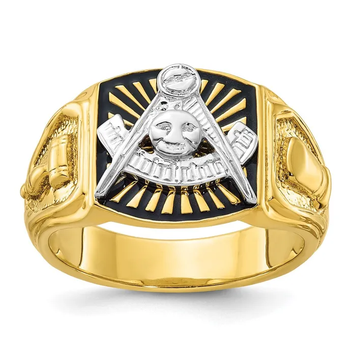 14k Twotone Gold Mens Polished and Textured with Black Enamel Past Master Masonic Ring Goldia Rings