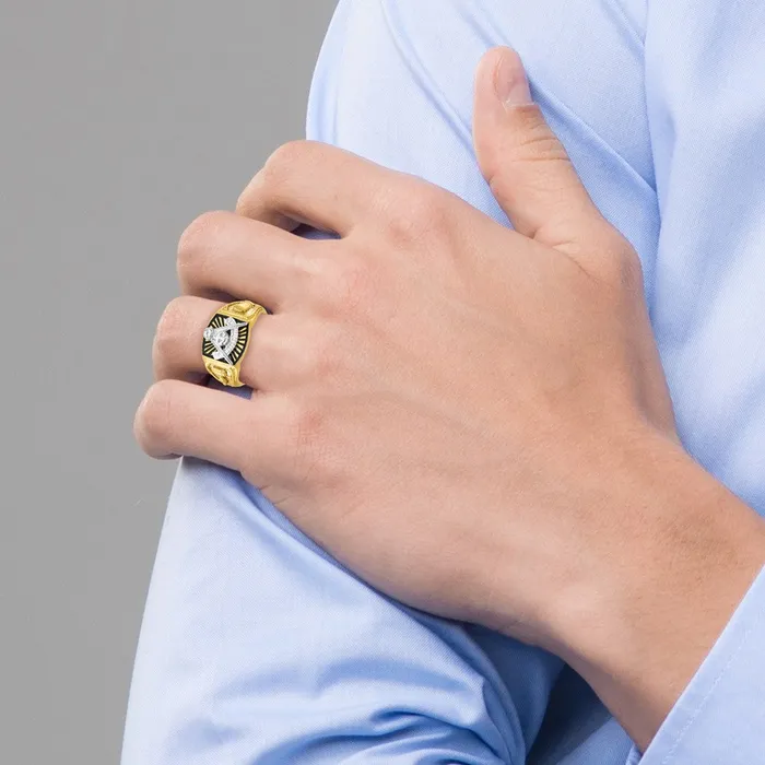 14k Twotone Gold Mens Polished and Textured with Black Enamel Past Master Masonic Ring Goldia Rings