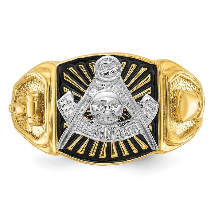 14k Twotone Gold Mens Polished and Textured with Black Enamel Past Master Masonic Ring Goldia Rings