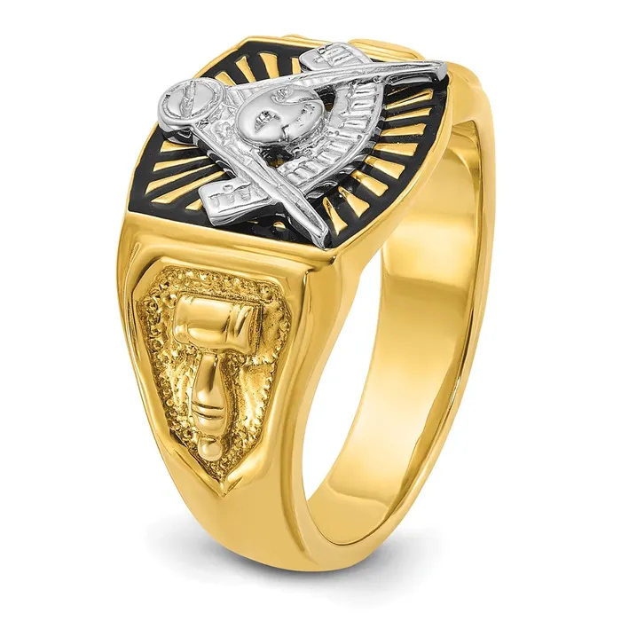 14k Twotone Gold Mens Polished and Textured with Black Enamel Past Master Masonic Ring Goldia Rings