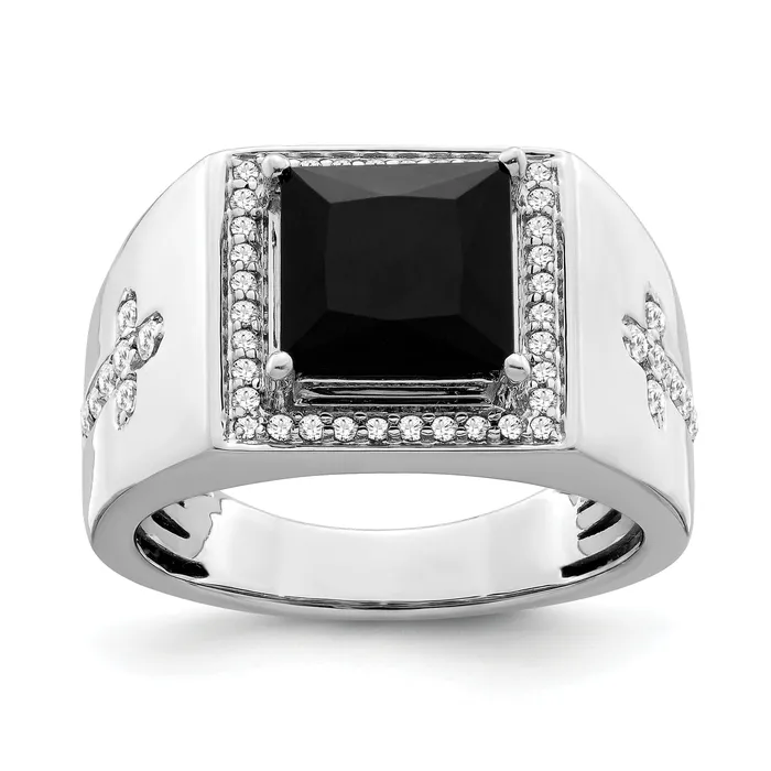 14k White Gold 12 Ct Lab Grown Diamond VSSI G and Onyx Side Cross Mens Ring Goldia Rings