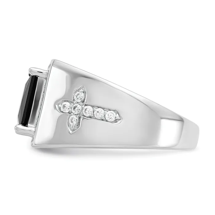 14k White Gold 12 Ct Lab Grown Diamond VSSI G and Onyx Side Cross Mens Ring Goldia Rings