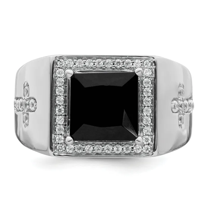 14k White Gold 12 Ct Lab Grown Diamond VSSI G and Onyx Side Cross Mens Ring Goldia Rings