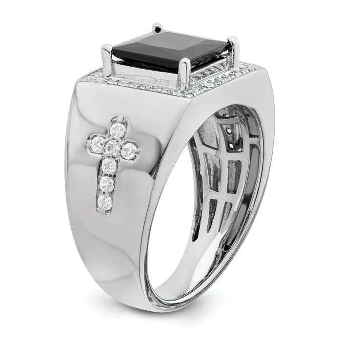 14k White Gold 12 Ct Lab Grown Diamond VSSI G and Onyx Side Cross Mens Ring Goldia Rings
