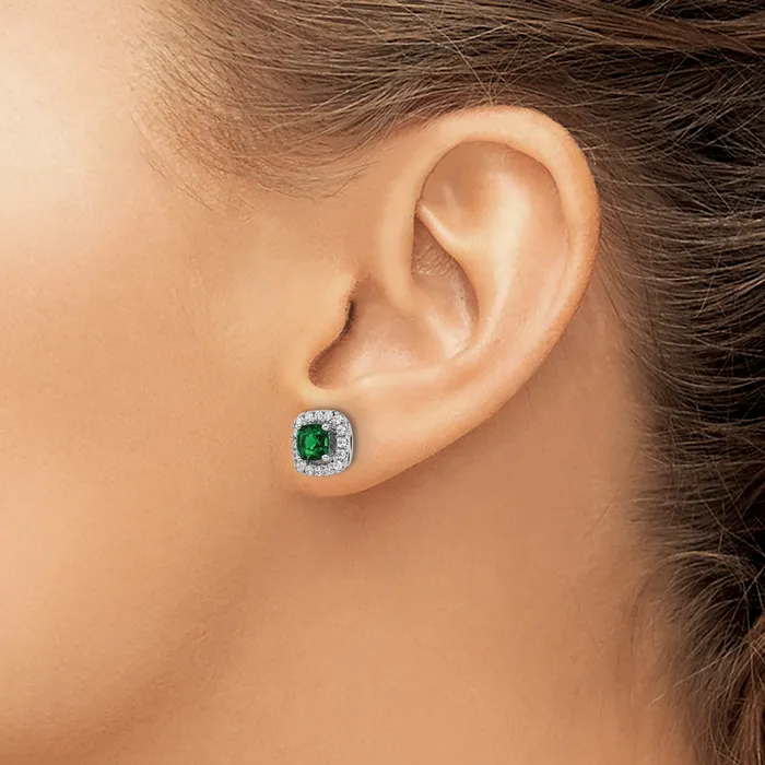 14k White Gold 38 Ct Lab Grown Diamond VSSI G May Birthstone Lab Created Emerald Halo Post Earrings Goldia Earrings