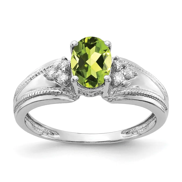 14k White Gold 7x5mm Oval Peridot AAA Diamond ring Goldia Rings