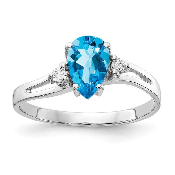 14k White Gold 7x5mm Pear Blue Topaz AA Diamond ring Goldia Rings