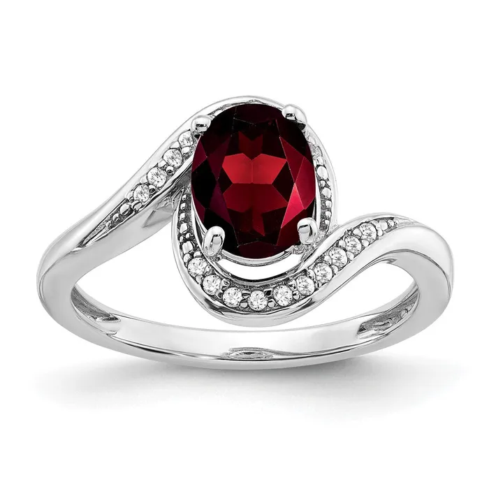 14k White Gold Oval Garnet and Real Diamond Bypass Ring Goldia Rings