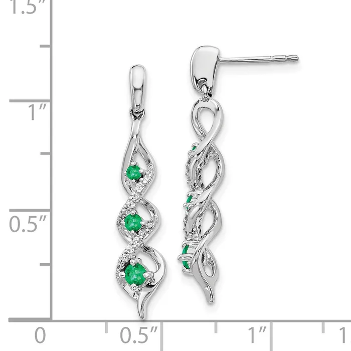 14k White Gold Real Diamond and Emerald Post Dangle Earrings Goldia Earrings