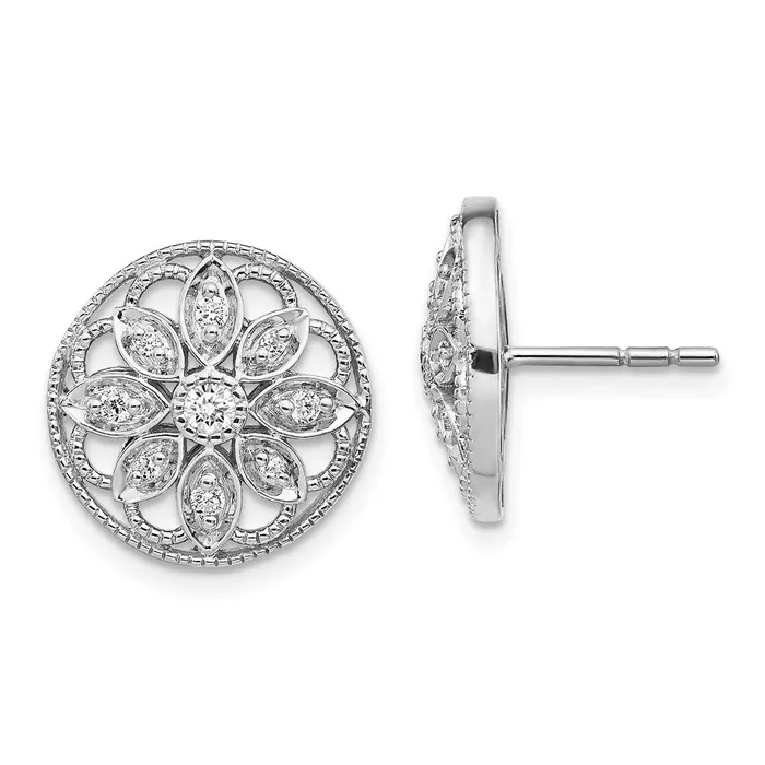14k White Gold Real Diamond Fancy Floral Earrings Goldia Earrings