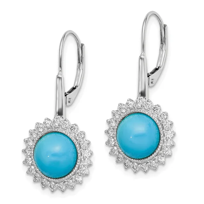 14k White Gold Turquoise and Real Diamond Leverback Earrings Goldia Earrings