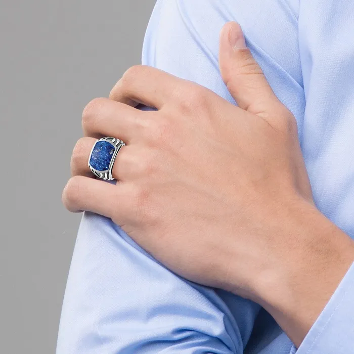 14k White Gold with Black Rhodium Mens Lapis Complete Ring Goldia Rings