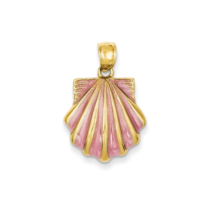 14k Yellow Gold 2D Pink Enameled Scallop Shell Pendant Goldia Necklaces