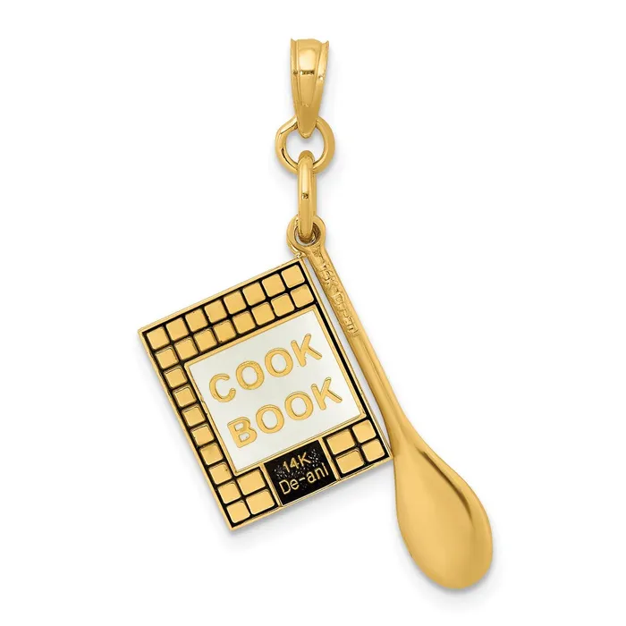 14k Yellow Gold 3D Cook Book W Black Enamel and Spoon Charm Goldia Charm Necklaces