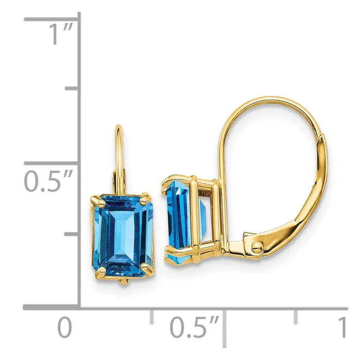 14k Yellow Gold 7x5mm Emerald Cut Blue Topaz Leverback Earrings Goldia Earrings