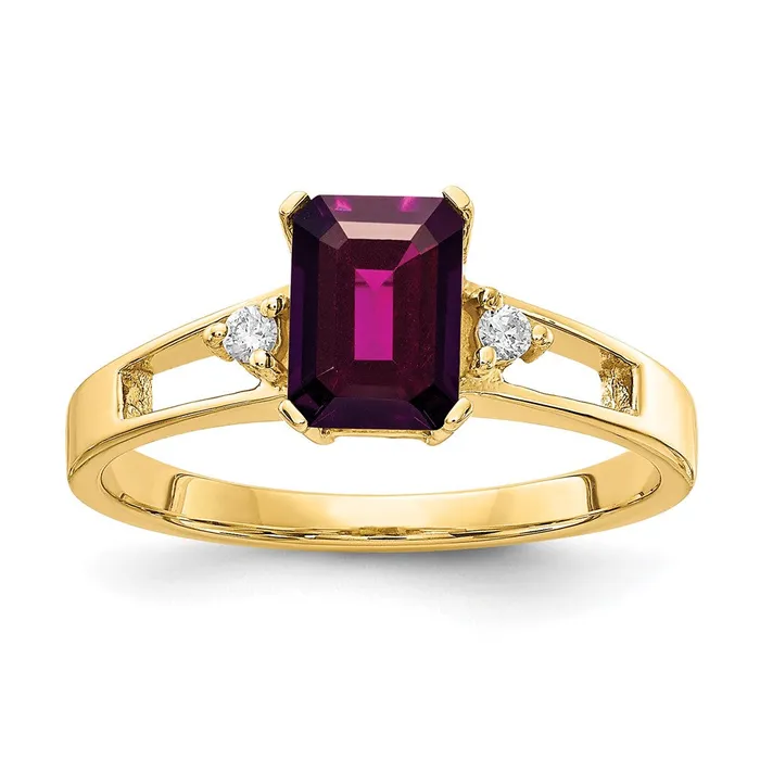 14k Yellow Gold 7x5mm Emerald Cut Rhodolite Garnet A Diamond ring Goldia Rings