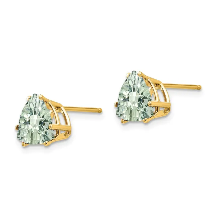 14k Yellow Gold 8mm Trillion CheckerCut Green Quartz Earrings Goldia Earrings