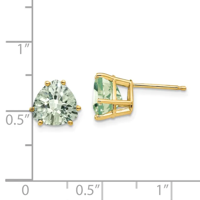 14k Yellow Gold 8mm Trillion CheckerCut Green Quartz Earrings Goldia Earrings