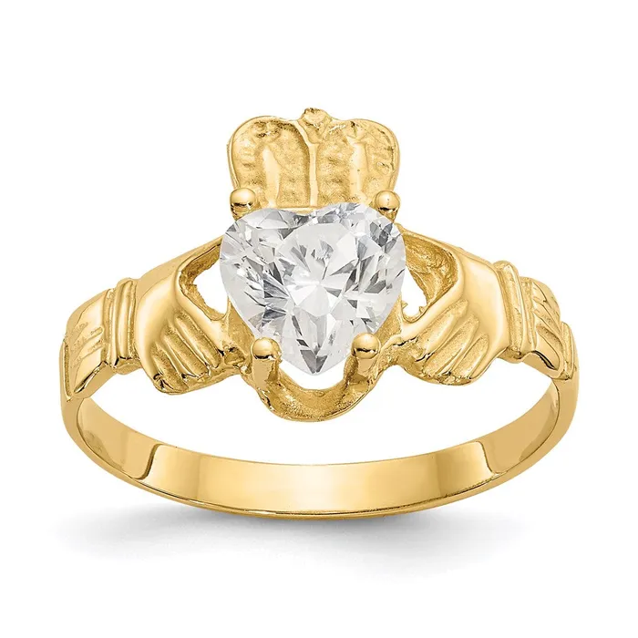 14K Yellow Gold April CZ Birthstone Claddagh Ring Goldia Rings
