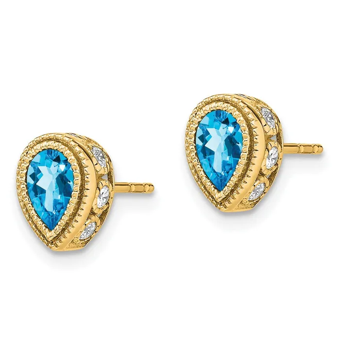 14k Yellow Gold Pear Blue Topaz and Real Diamond Earrings Goldia Earrings