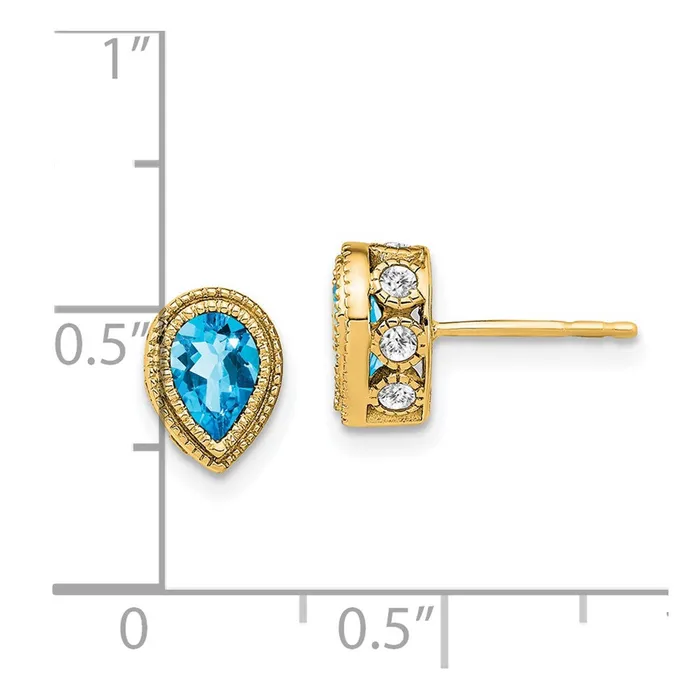 14k Yellow Gold Pear Blue Topaz and Real Diamond Earrings Goldia Earrings