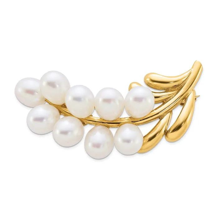14k Yellow Gold Polished Cluster 56mm White Rice Freshwater Cultured Pearl Pin Brooch Goldia Earrings 14k Yellow Gold Polished Cluster 56mm White Rice Freshwater Cultured Pearl Pin Brooch Goldia Earrings