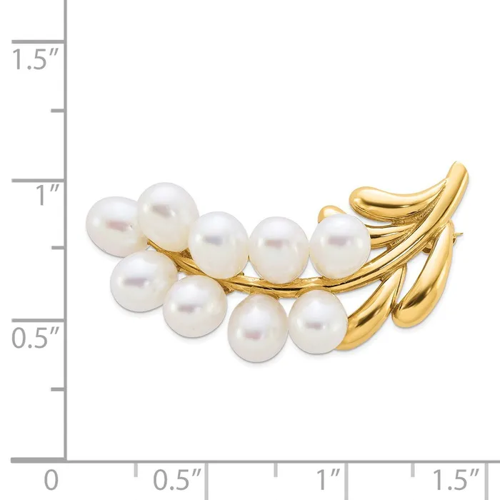 14k Yellow Gold Polished Cluster 56mm White Rice Freshwater Cultured Pearl Pin Brooch Goldia Earrings