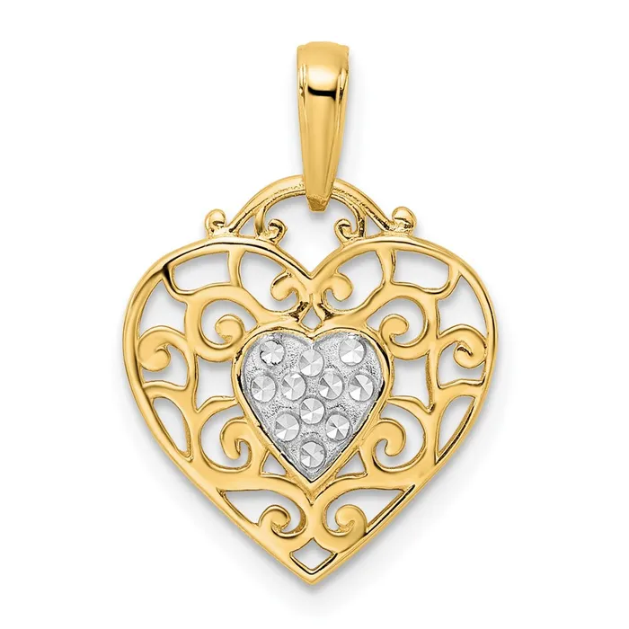 14k Yellow Rhodium Gold and White Rhodium Diamondcut Filigree Heart Pendant Goldia Necklaces