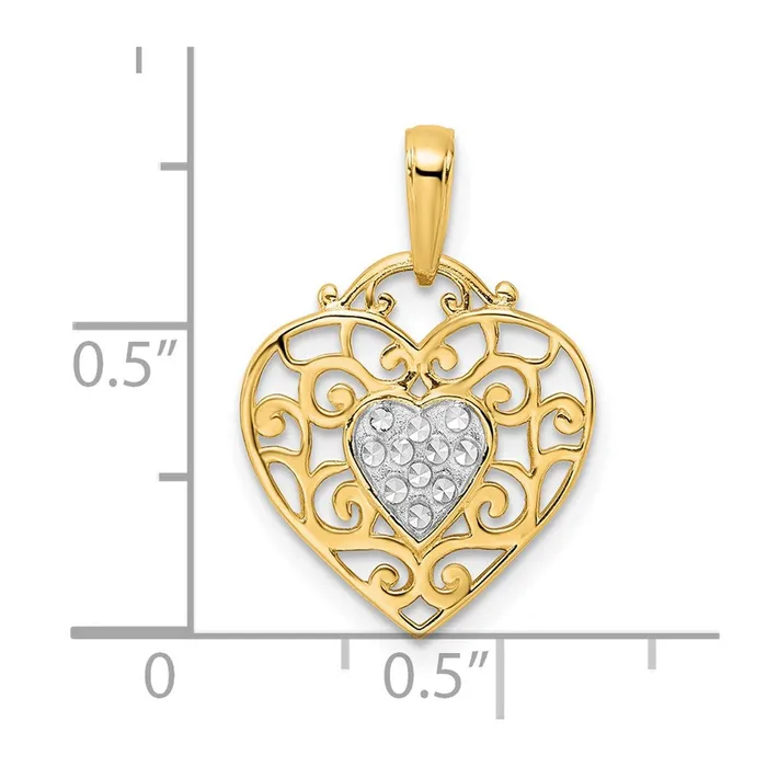 14k Yellow Rhodium Gold and White Rhodium Diamondcut Filigree Heart Pendant Goldia Necklaces