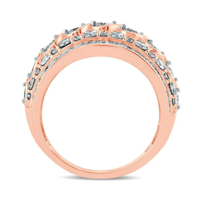 20 CT TW Natural Diamond Twist Center MultiRow Ring in Solid 10K Rose Gold Goldia Rings