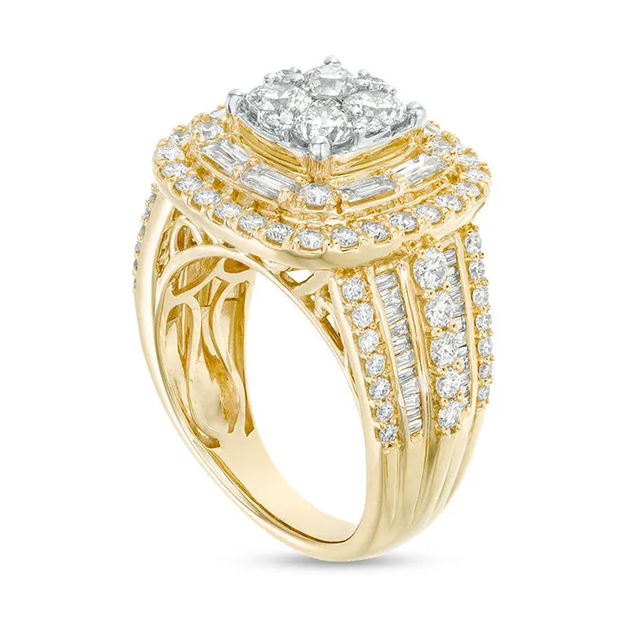 25 CT TW Composite Natural Diamond Alternating Double Cushion Frame Engagement Ring in Solid 14K Gold Goldia Rings