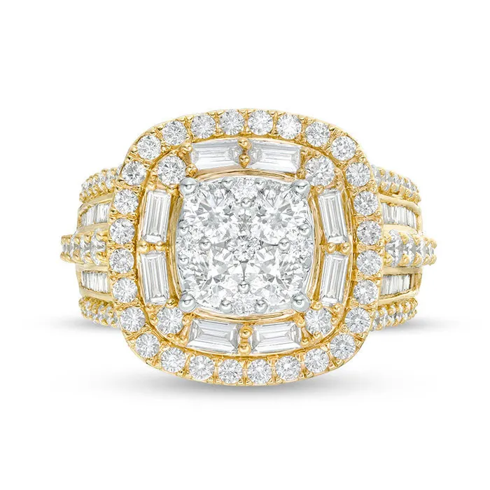 25 CT TW Composite Natural Diamond Alternating Double Cushion Frame Engagement Ring in Solid 14K Gold Goldia Rings