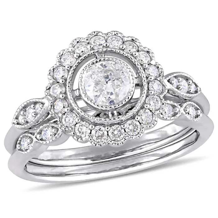 34 CT TW Diamond Flower Frame VintageStyle Bridal Engagement Ring Set in 14K White Gold Goldiacom Rings