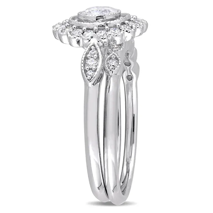 34 CT TW Diamond Flower Frame VintageStyle Bridal Engagement Ring Set in 14K White Gold Goldiacom Rings