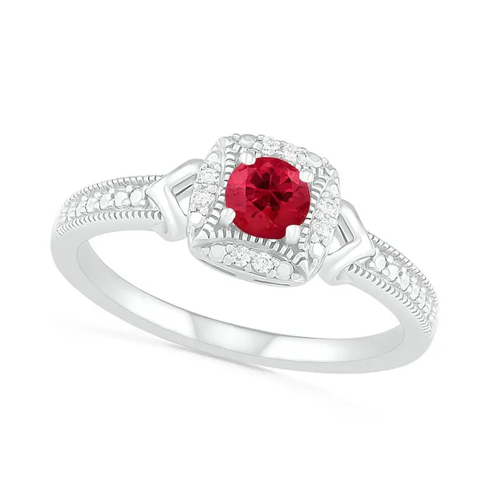 40mm LabCreated Ruby and 005 CT TW Diamond Cushion Frame Chevron Side Accent Antique VintageStyle Ring in Sterling Silver Goldia Rings