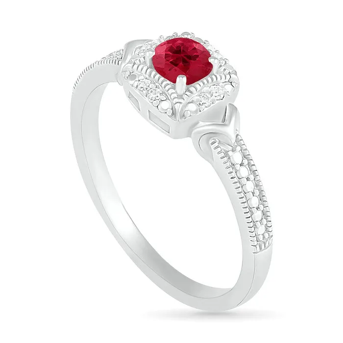 40mm LabCreated Ruby and 005 CT TW Diamond Cushion Frame Chevron Side Accent Antique VintageStyle Ring in Sterling Silver Goldia Rings