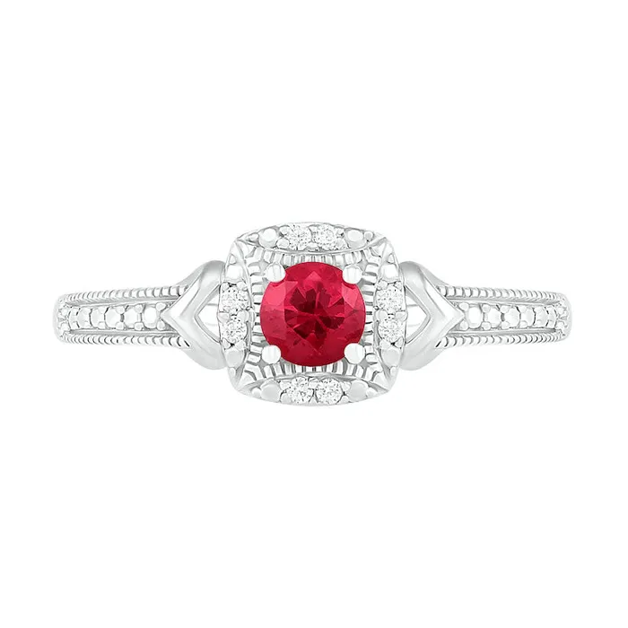40mm LabCreated Ruby and 005 CT TW Diamond Cushion Frame Chevron Side Accent Antique VintageStyle Ring in Sterling Silver Goldia Rings